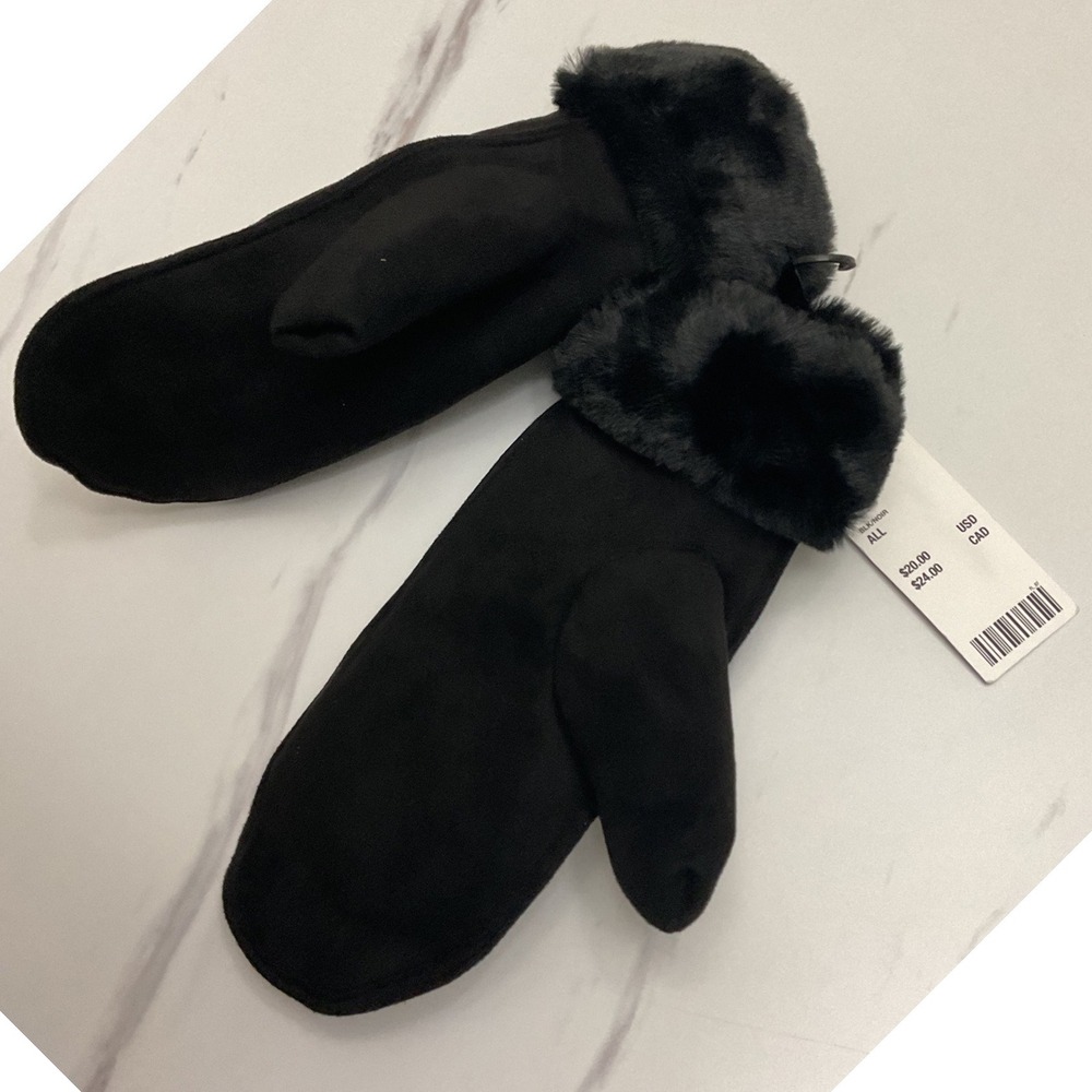 Urban Outfitters Black Faux Suede Mittens with Faux Fur Trim One Size NWT